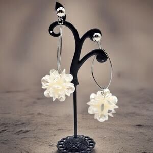 White Floral Hoop Dangle Earrings Romantic Bead Cluster